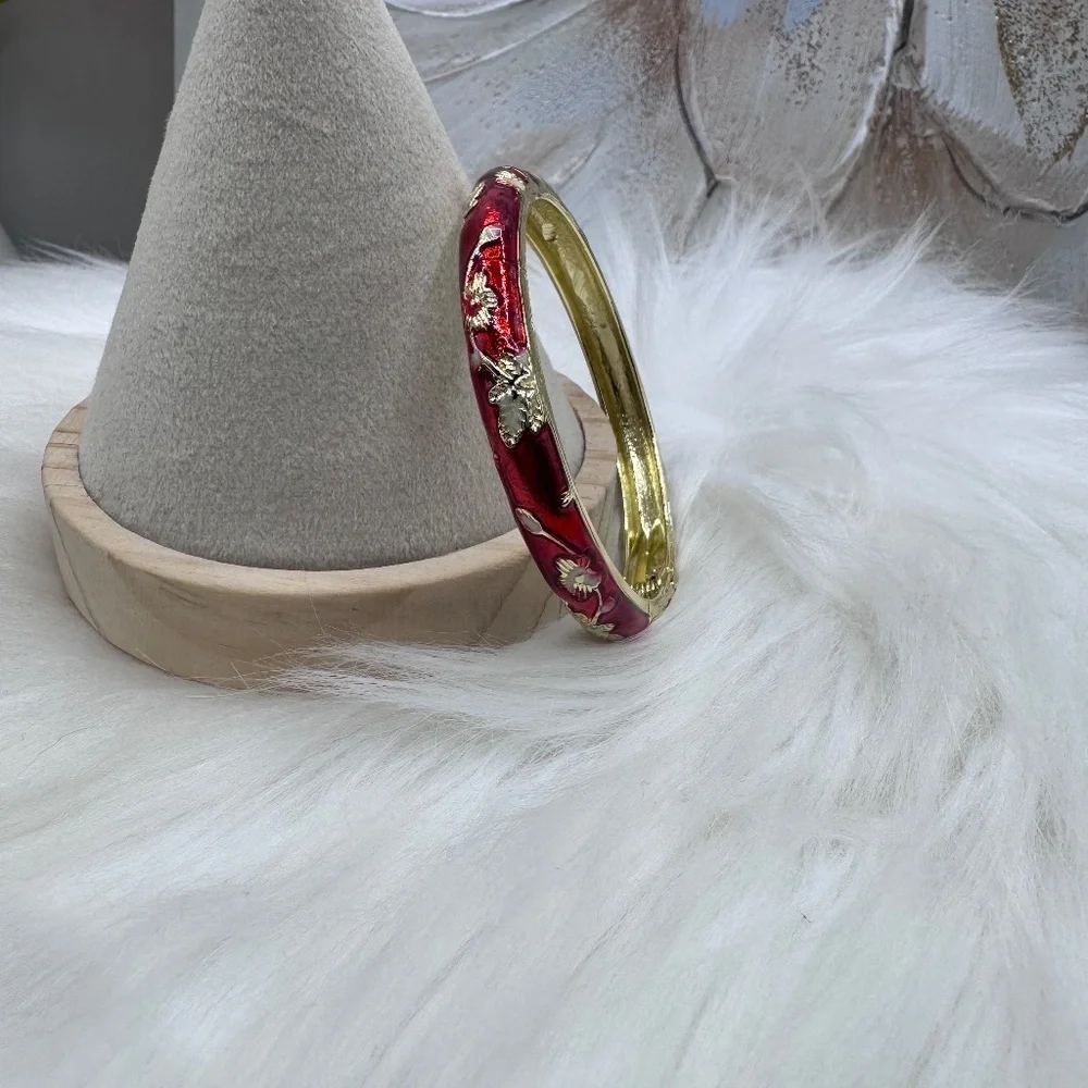 Red Flower Enamel Cloisonne Bracelet Bangle